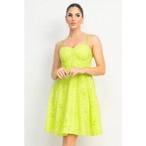 Haute Monde Eyelet Back Shirred Sweetheart Dress Lime Adjustable Straps Size S
